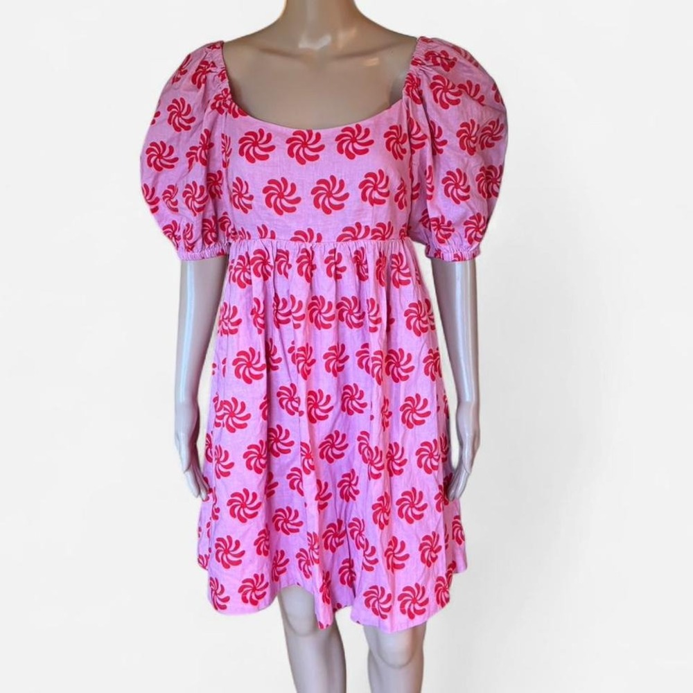 KITRI Linen Pink Red Puff Sleeve Square Neck Tie Back Mini Dress Size US 6